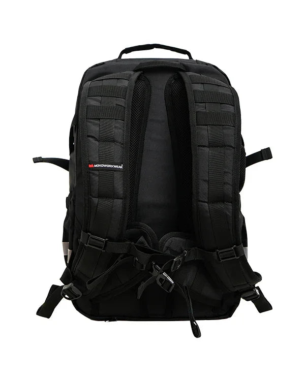 Black tactical backpack with padded shoulder straps and MOLLE webbing, designed for outdoor and workwear use