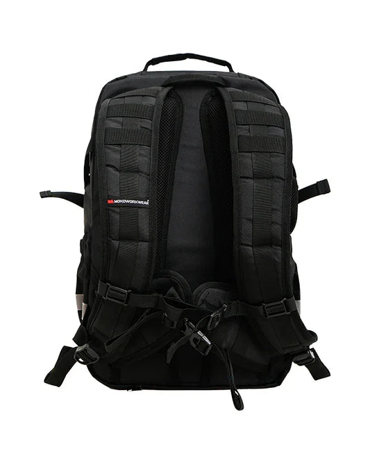 Black tactical backpack with padded shoulder straps and MOLLE webbing, designed for outdoor and workwear use