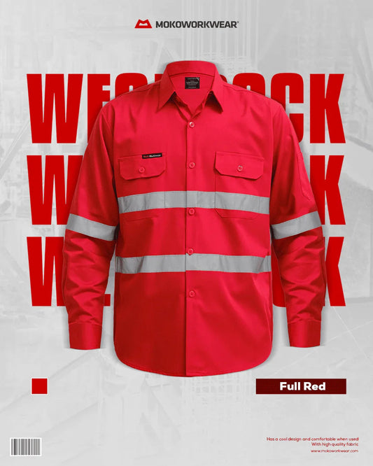 Red long-sleeve work shirt with reflective stripes and front pockets by MokoWorkwear