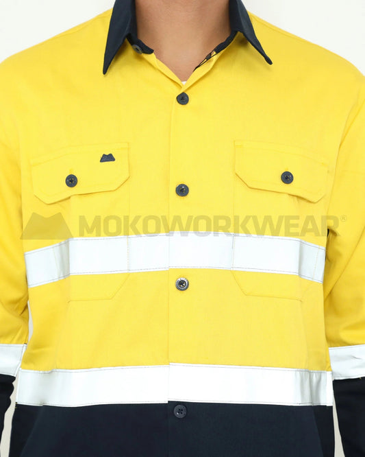 Yellow and black high-visibility work shirt with reflective white stripes and buttoned chest pockets