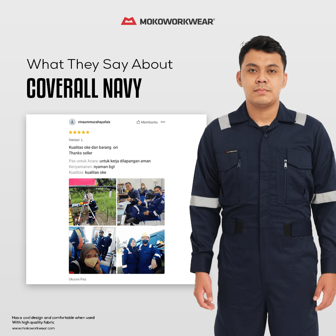 Man wearing navy coverall with reflective stripes, MOKOWORKWEAR logo, and customer review collage