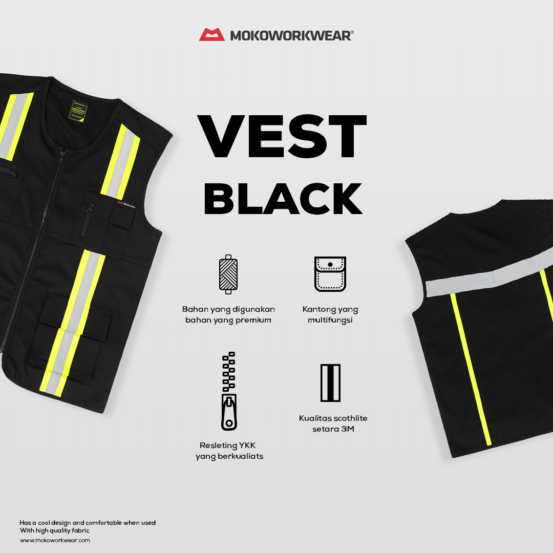 Rompi Hitam Mokoworkwear – Rompi Safety, Lapangan, dan Casual Berkuali