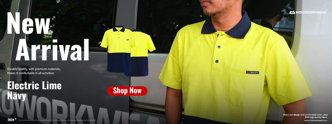 Polo Shirt Safety Mokoworkwear Electric Lime Navy - Mokoworkwear