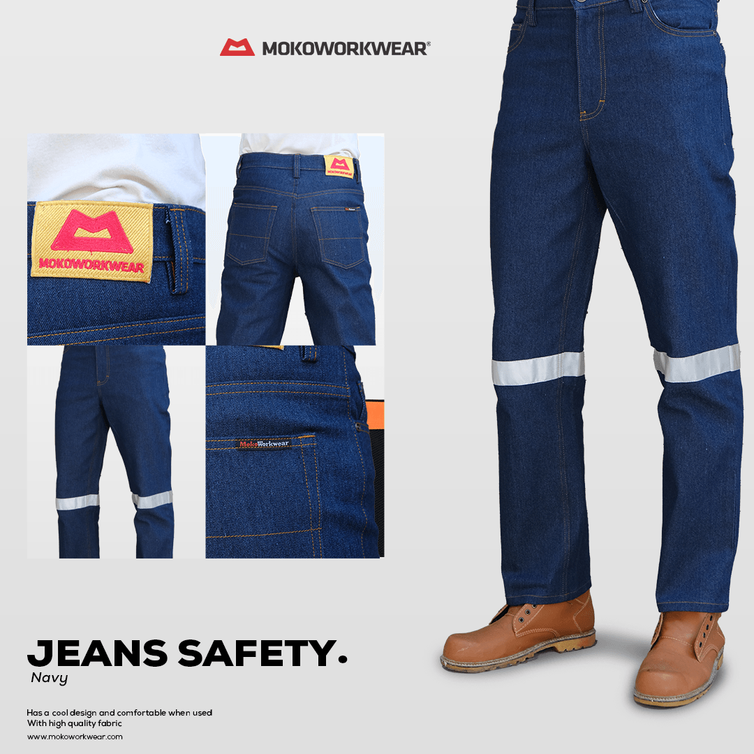 Navy blue safety jeans with reflective knee bands and brown work boots by MokoWorkwear