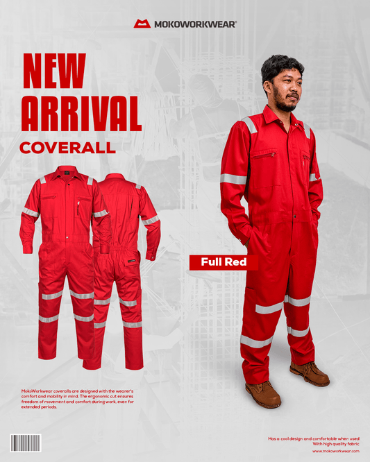 New arrival full red coverall by MokoWorkwear with reflective stripes, ergonomic design for comfort