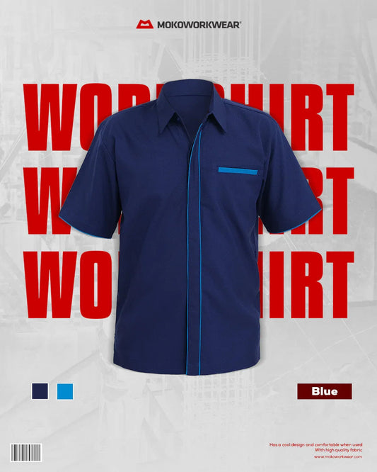 MokoWorkwear blue work shirt with short sleeves and contrasting light blue trim on pocket and placket