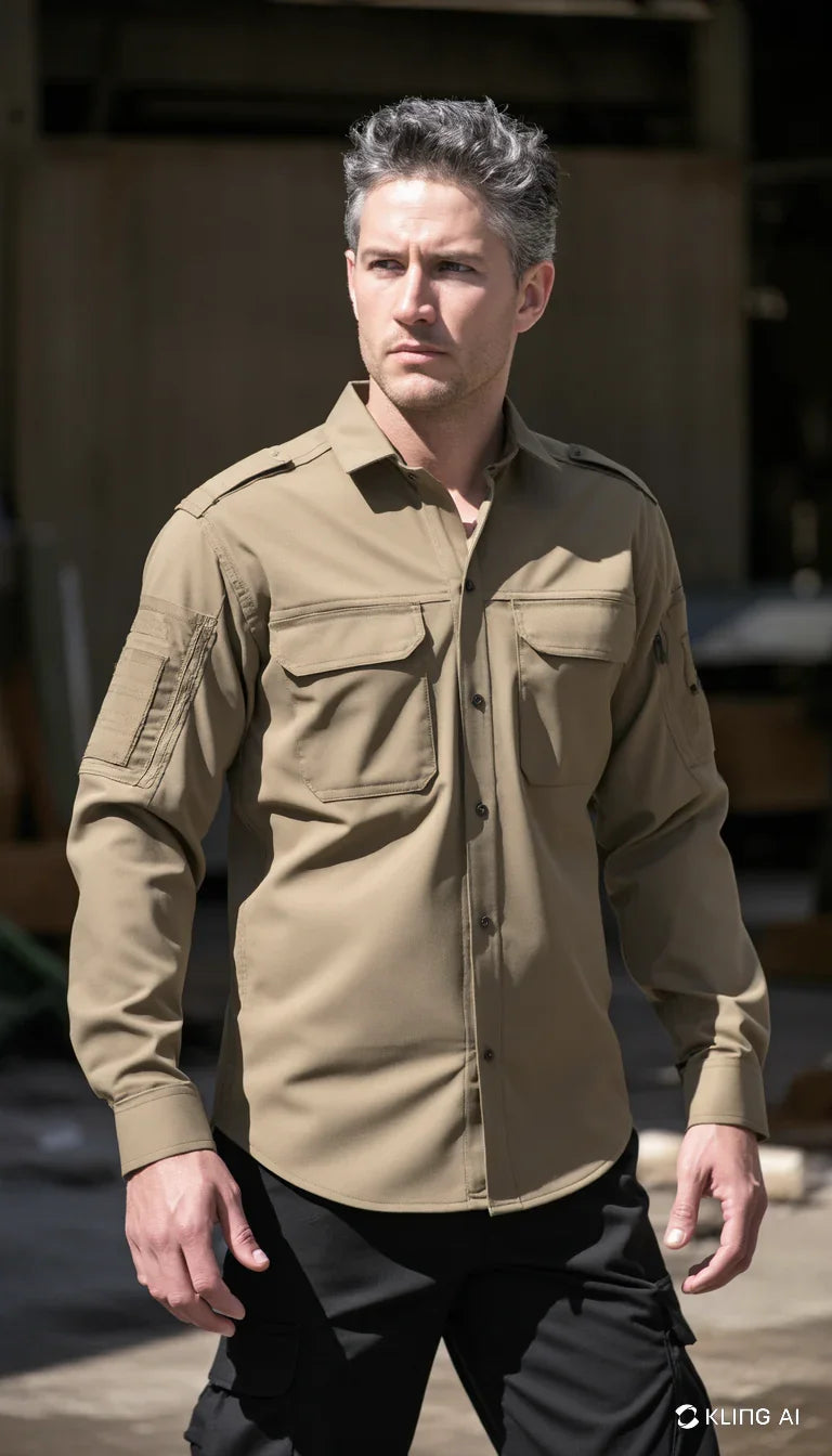 Fit male model wearing stone color tactical button-up shirt with pockets and black cargo pants outdoors