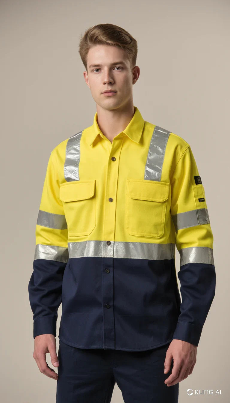 Male model wearing yellow and navy high-visibility work shirt with reflective strips