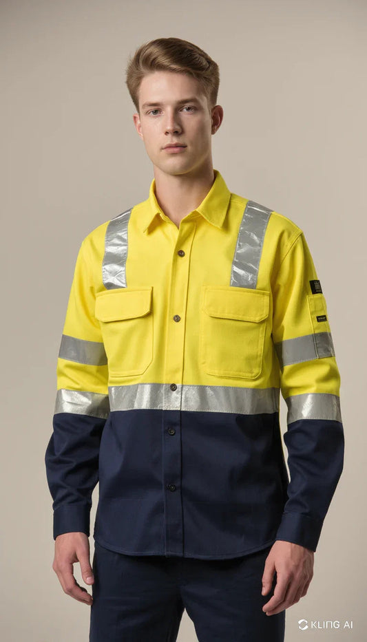 Male model wearing yellow and navy high-visibility work shirt with reflective strips