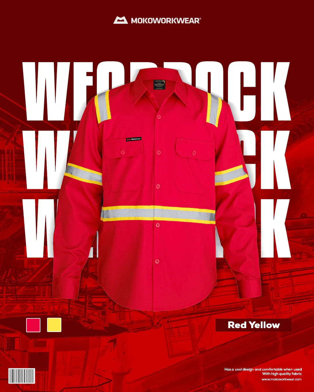 Red workwear shirt with yellow reflective safety stripes by MokoWorkwear on industrial background