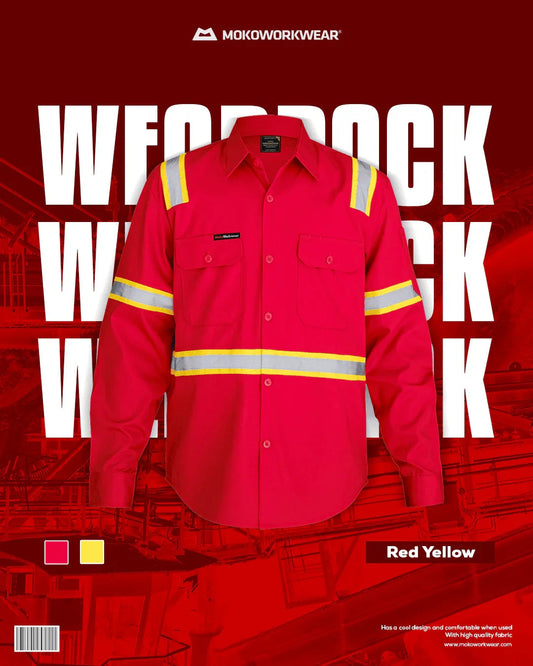 Red workwear shirt with yellow reflective safety stripes by MokoWorkwear on industrial background