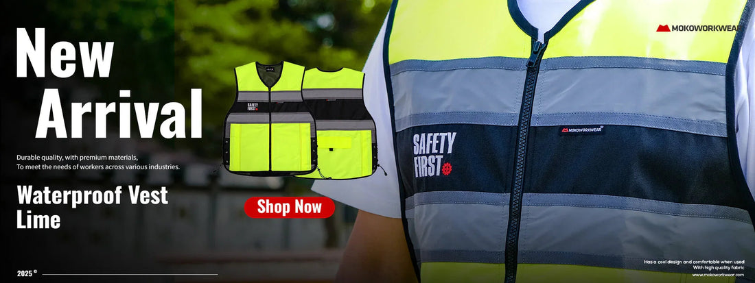 Lime waterproof safety vest with reflective stripes, durable high-visibility workwear for industry