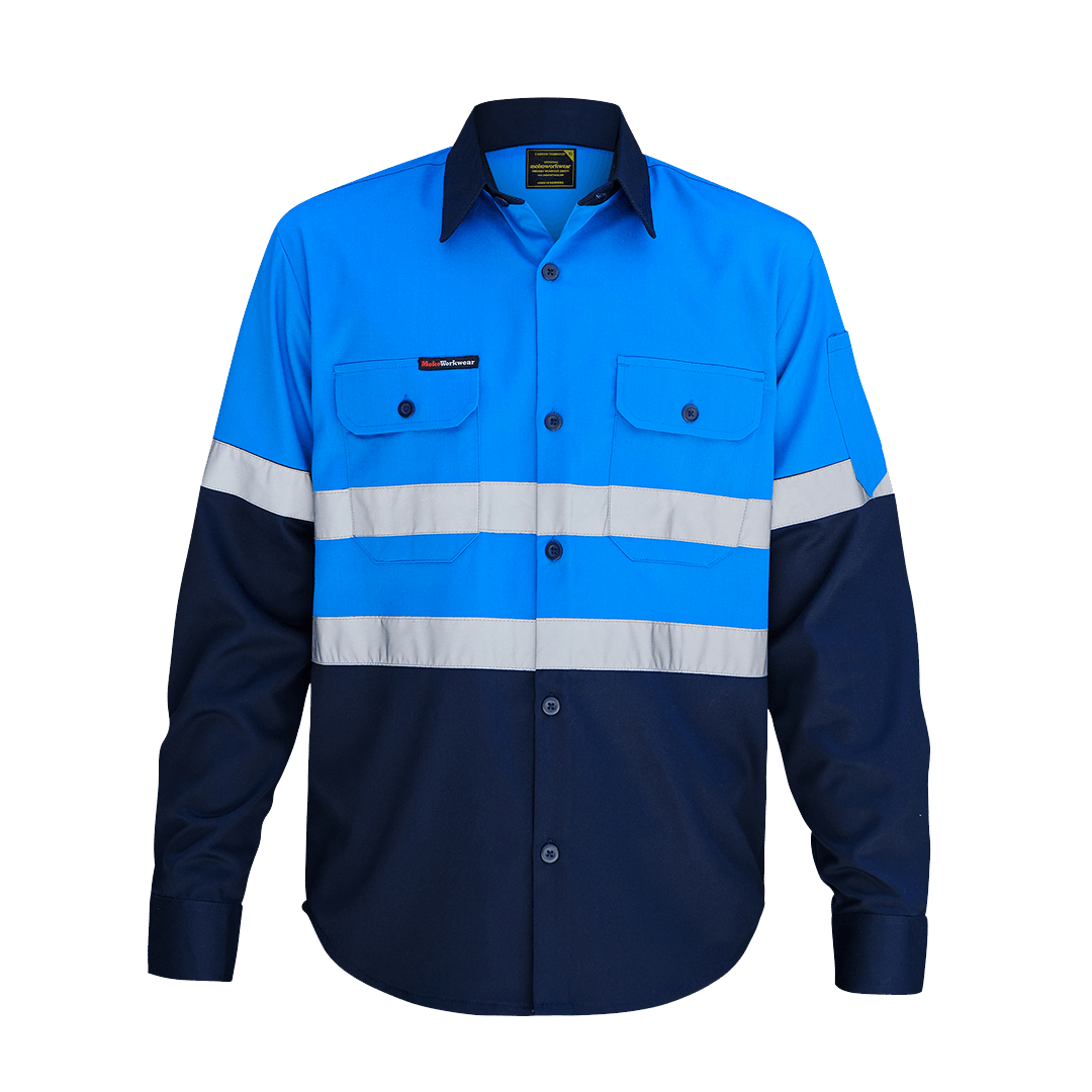Blue and navy work shirt with reflective stripes and buttoned chest pockets