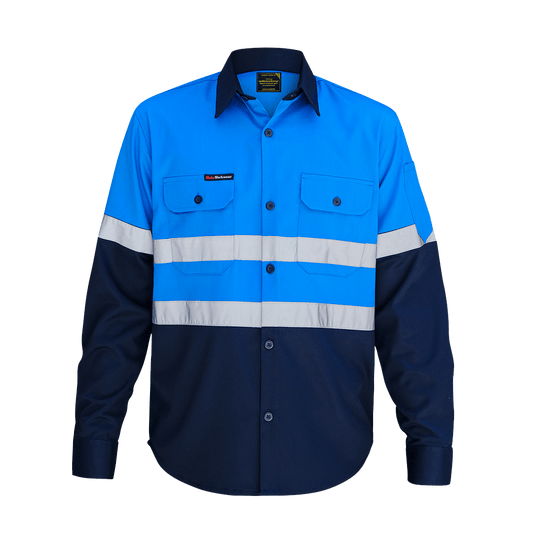 Blue and navy work shirt with reflective stripes and buttoned chest pockets