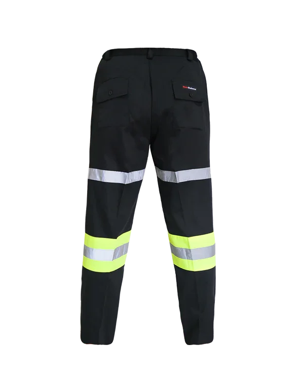 Black work pants with high-visibility lime and reflective striping around legs, rear view
