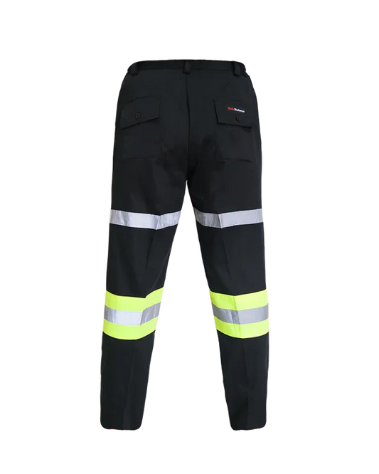 Black work pants with high-visibility lime and reflective striping around legs, rear view