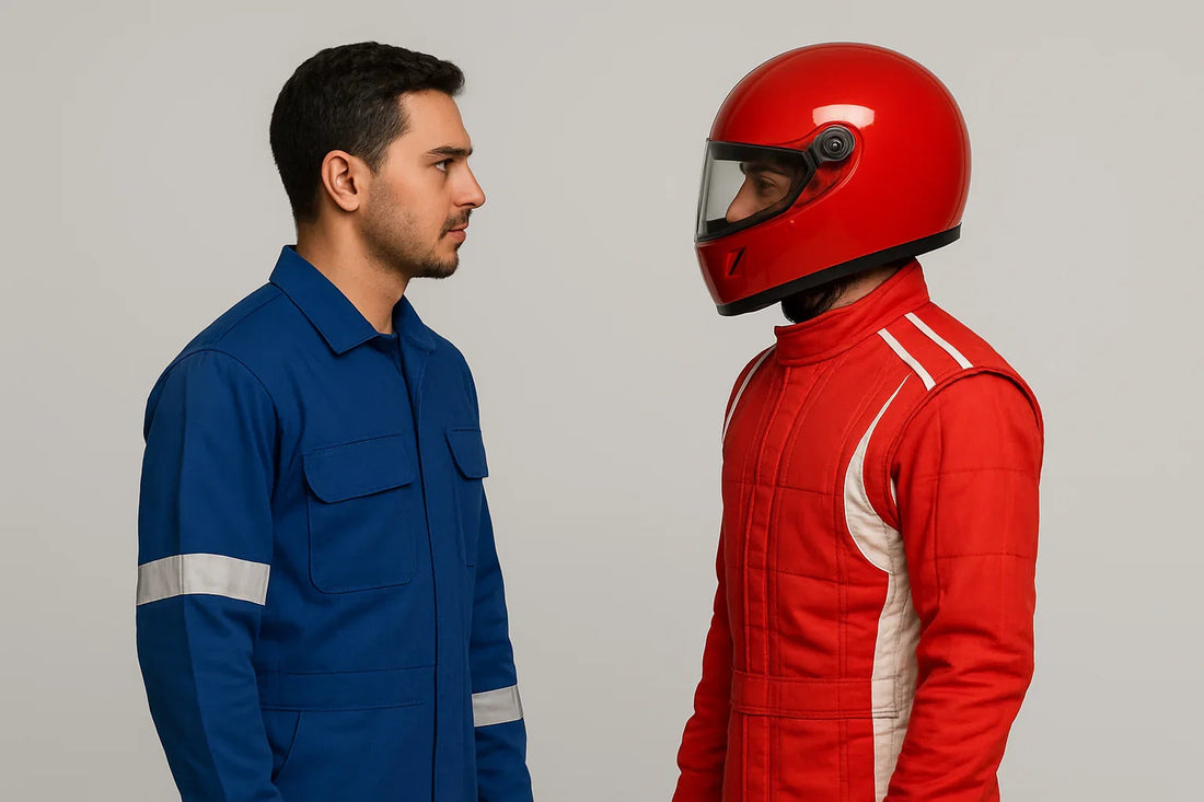 Man in blue coveralls facing man in red racing suit with helmet against gray background