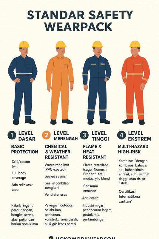 Four workers in different colored safety coveralls with helmets showing basic to multi-hazard protection levels