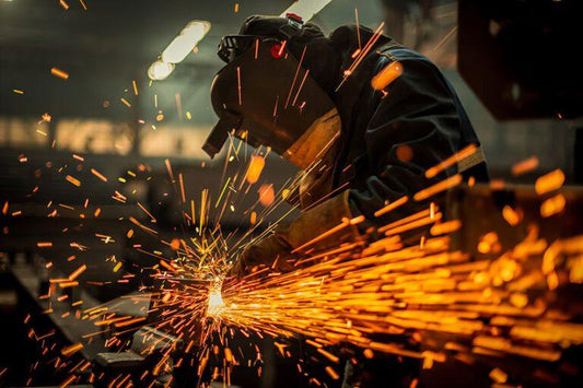 Welder in protective gear using grinder with bright orange sparks flying in industrial workshop