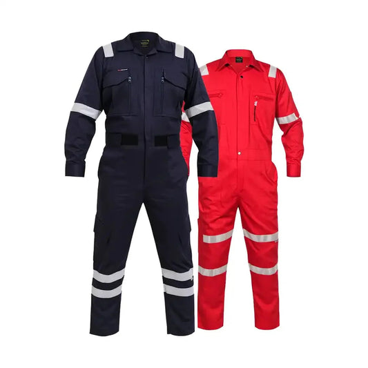 Navy blue and red industrial coveralls with reflective safety stripes on white background