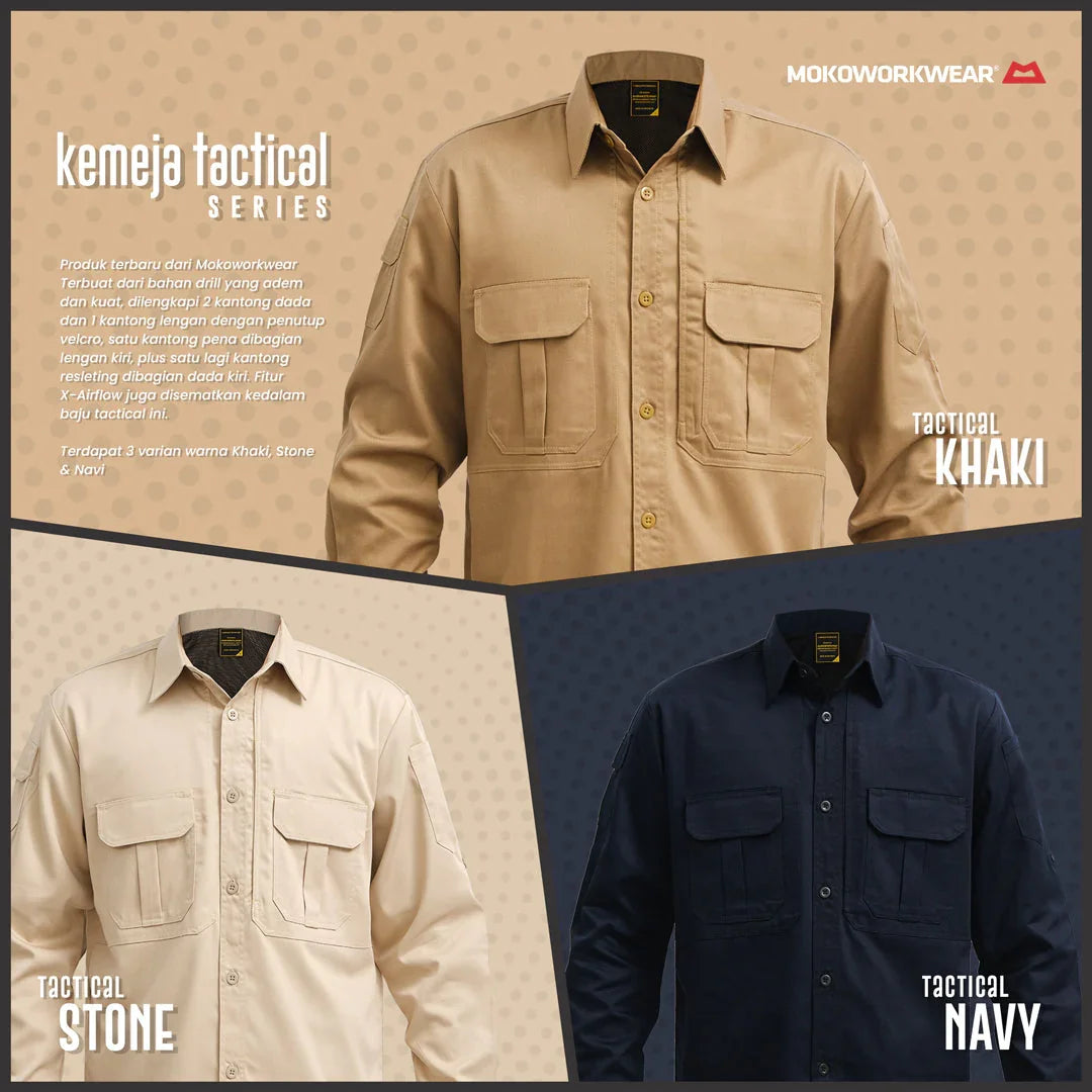 Mokoworkwear tactical shirts in khaki, stone, and navy with chest pockets and button closures