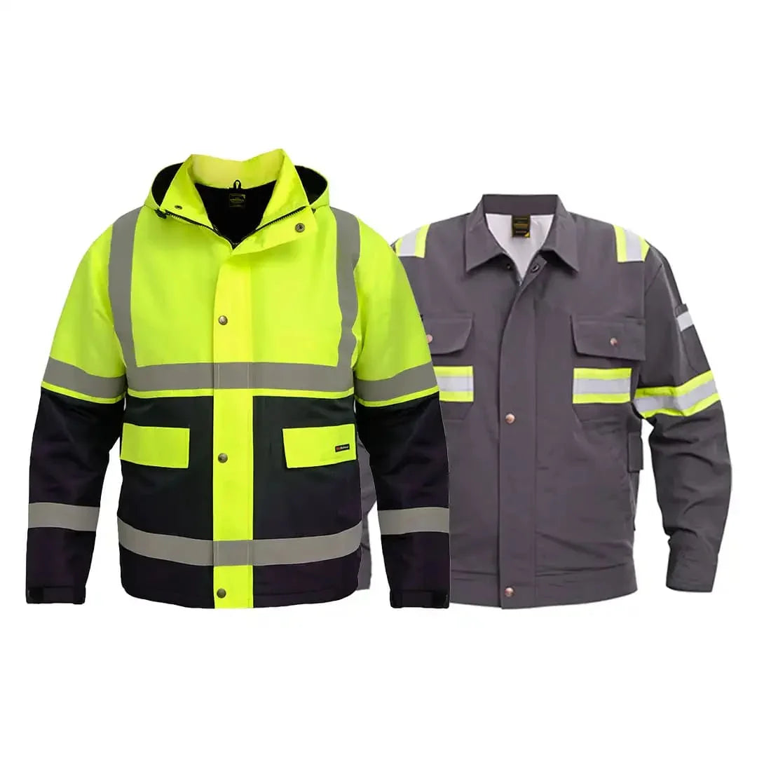 High-visibility safety jackets in neon yellow with reflective stripes and gray work jacket