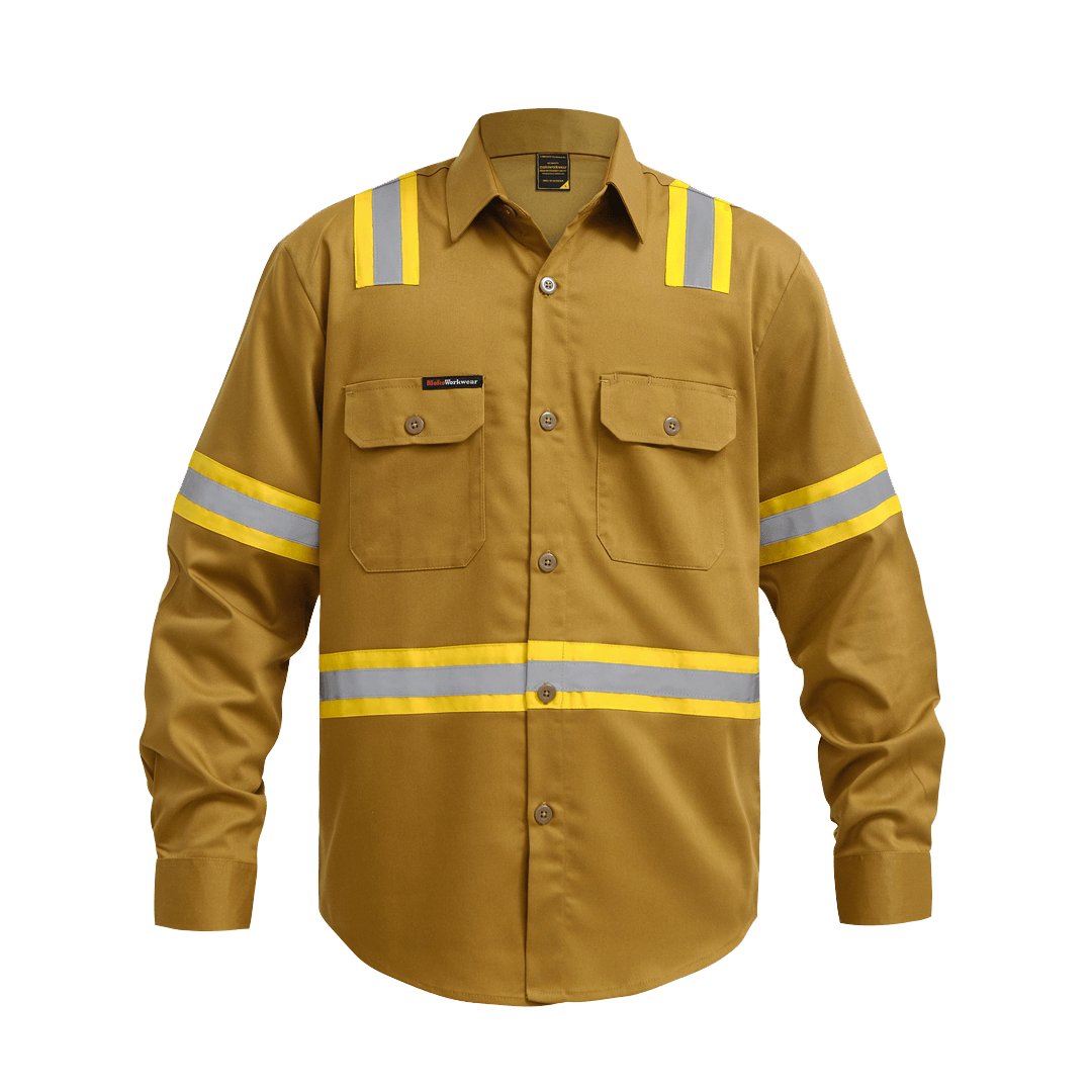 Khaki yellow long-sleeve work shirt with reflective yellow and silver safety stripes and front button pockets