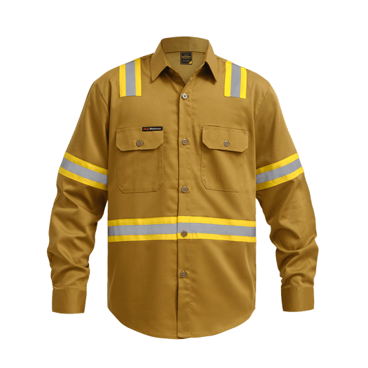 Khaki yellow long-sleeve work shirt with reflective yellow and silver safety stripes and front button pockets