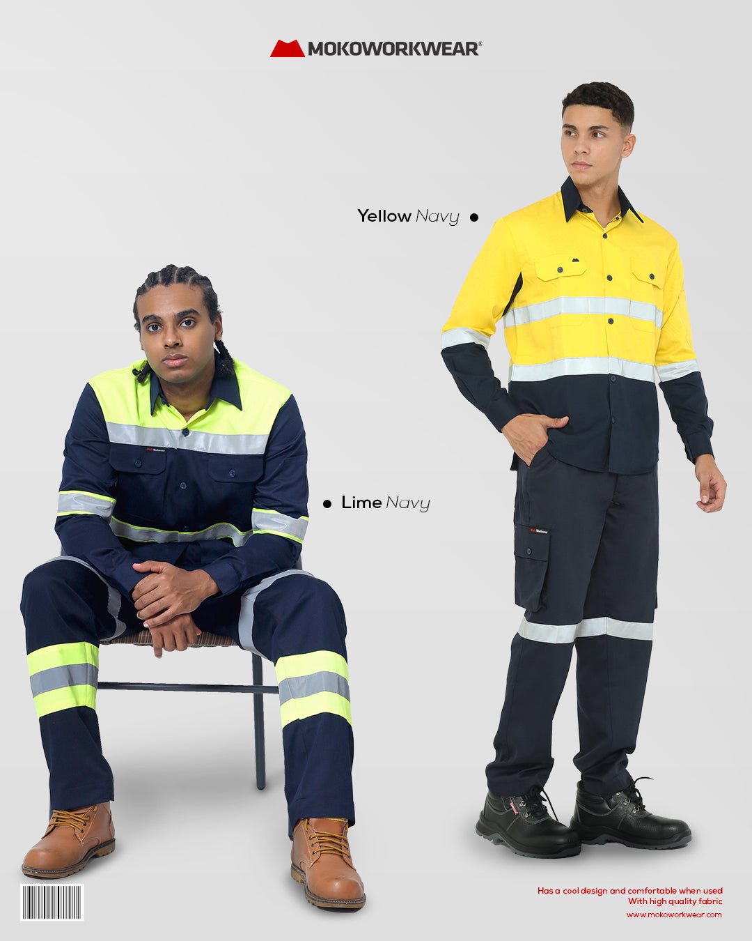 Two men modeling MokoWorkwear high-visibility work uniforms in Yellow Navy and Lime Navy against a plain background