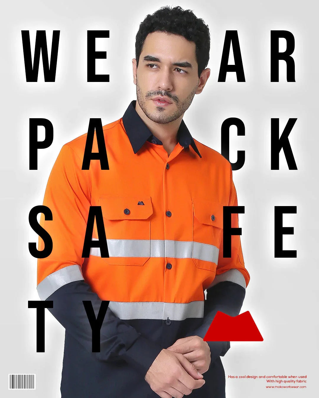 Man wearing orange and navy high-visibility workwear shirt with reflective stripes on white background
