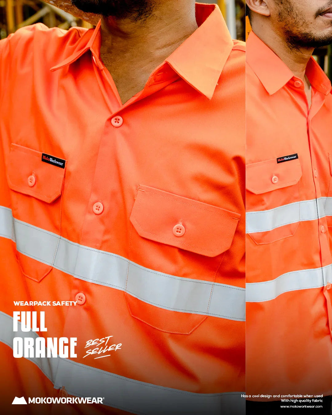 Close-up of bright orange safety workwear shirt with reflective stripes and buttoned pockets