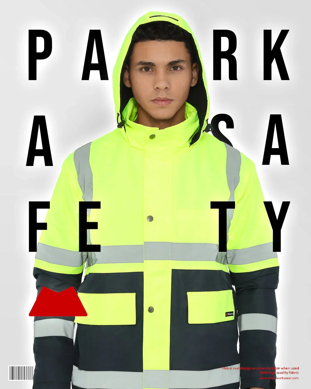 Man wearing neon yellow and black high-visibility safety jacket with hood