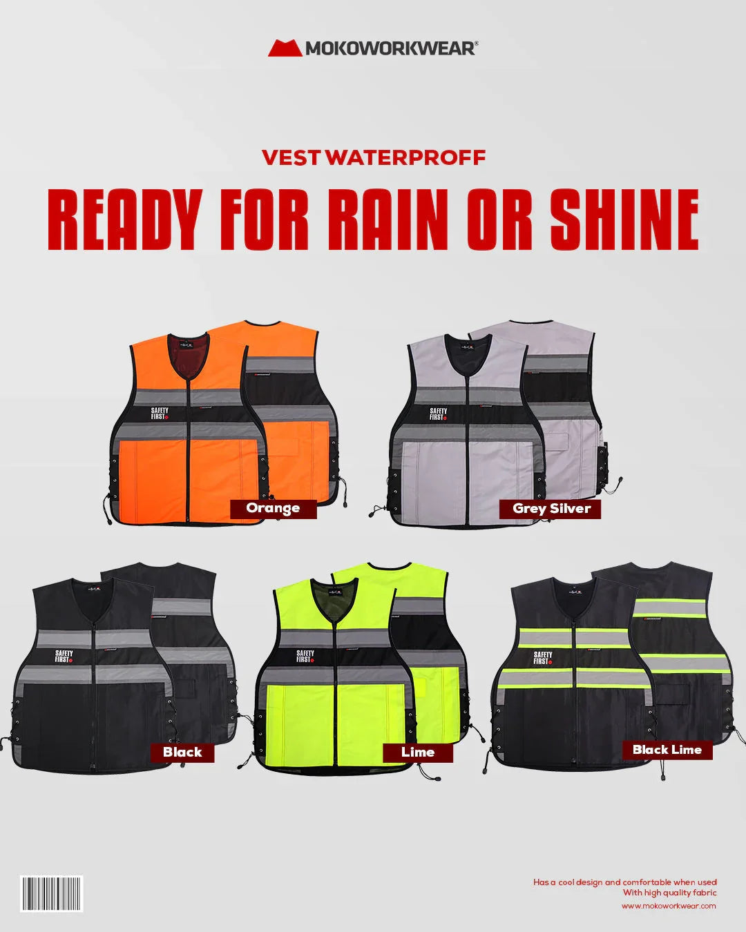 Mokoworkwear waterproof safety vests in orange, grey silver, black, lime, and black lime colors for rain or shine