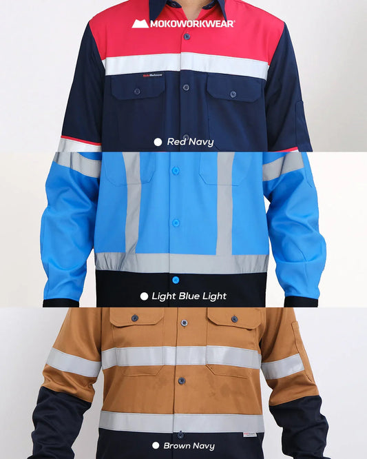 Three Mokoworkwear safety shirts in Red Navy, Light Blue Light, and Brown Navy colors with reflective stripes