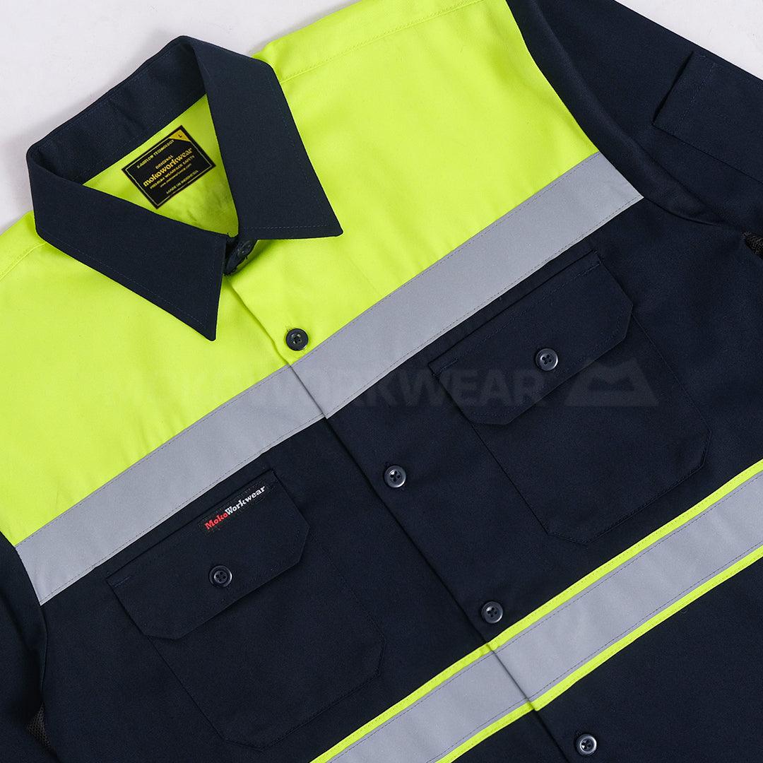 High-vis navy and lime work shirt with reflective strips and buttoned chest pockets