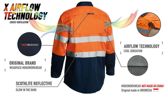 MokoWorkwear high visibility orange and navy work shirt with reflective bands and airflow technology