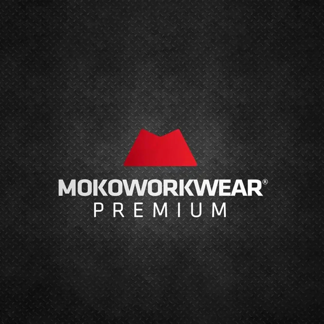 Mokoworkwear Premium logo with red geometric icon on black textured metal background