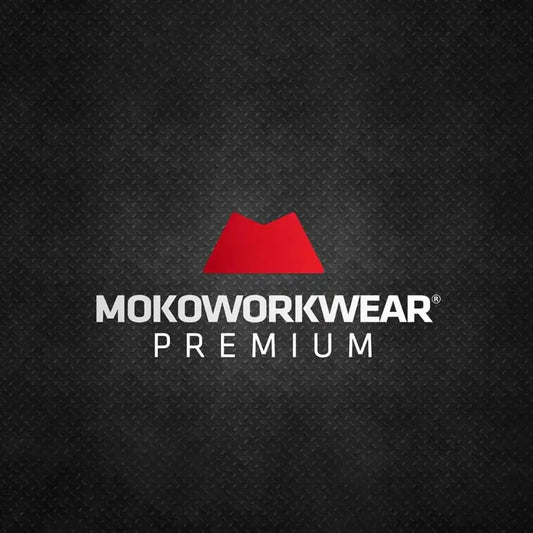 Mokoworkwear Premium logo with red geometric icon on black textured metal background