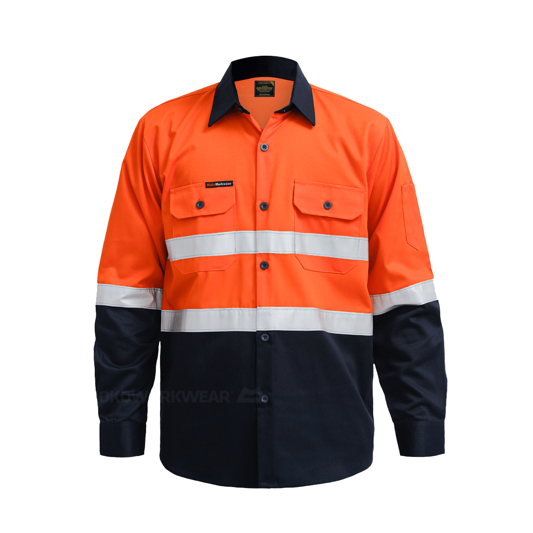 High-visibility orange and navy long-sleeve safety work shirt with reflective stripes and button pockets