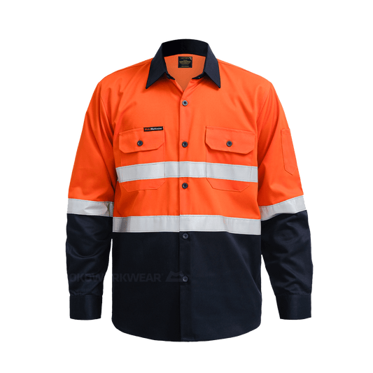 High-visibility orange and navy long-sleeve safety work shirt with reflective stripes and button pockets