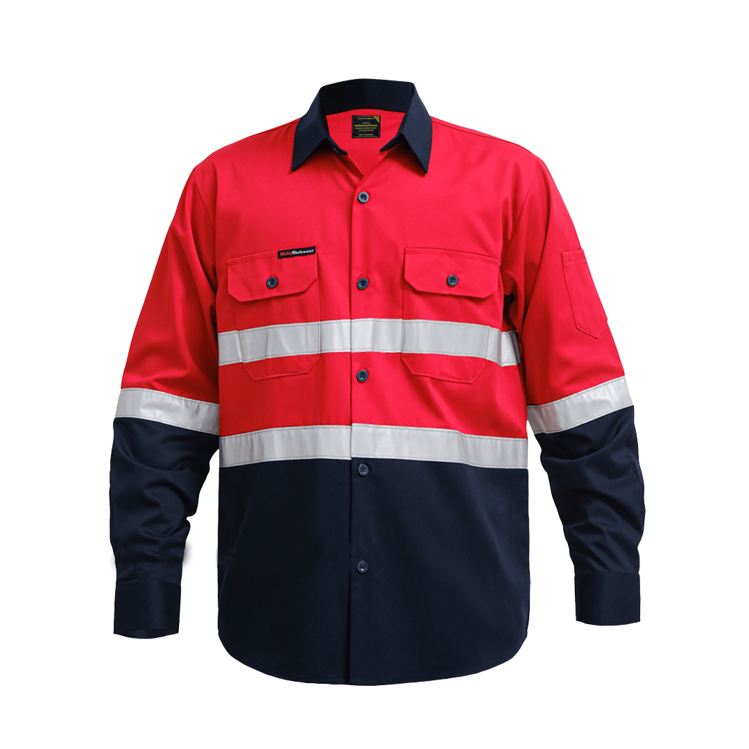 Red and navy work shirt with reflective stripes and buttoned chest pockets