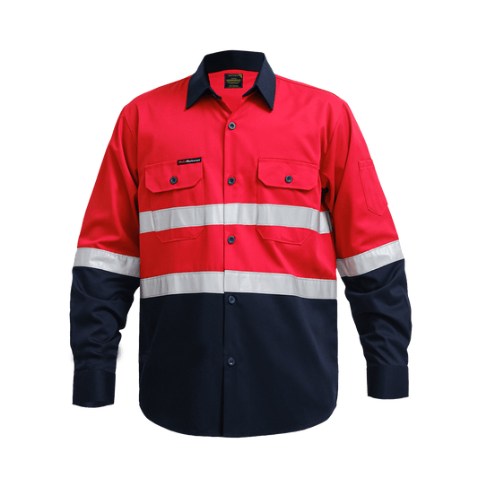 Red and navy work shirt with reflective stripes and buttoned chest pockets