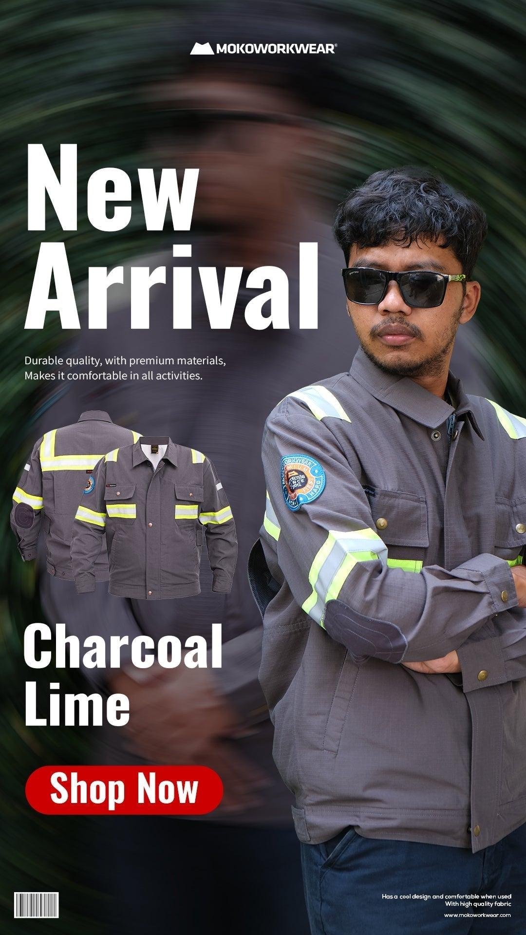 Man wearing charcoal lime workwear jacket with reflective stripes and patch, promoting new arrivals