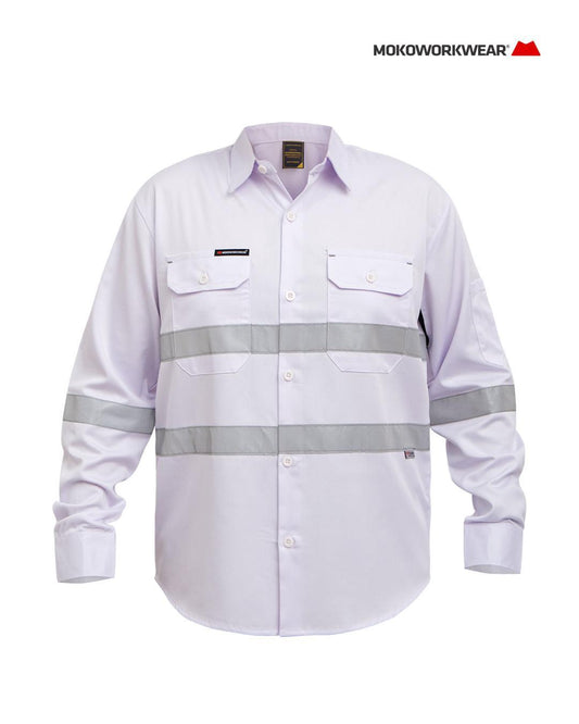White long-sleeve work shirt with reflective horizontal stripes and buttoned chest pockets