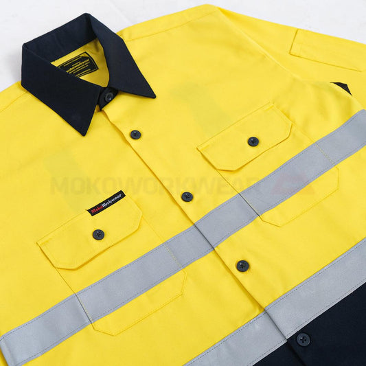 High-visibility yellow and navy work shirt with reflective silver stripes and buttoned chest pockets