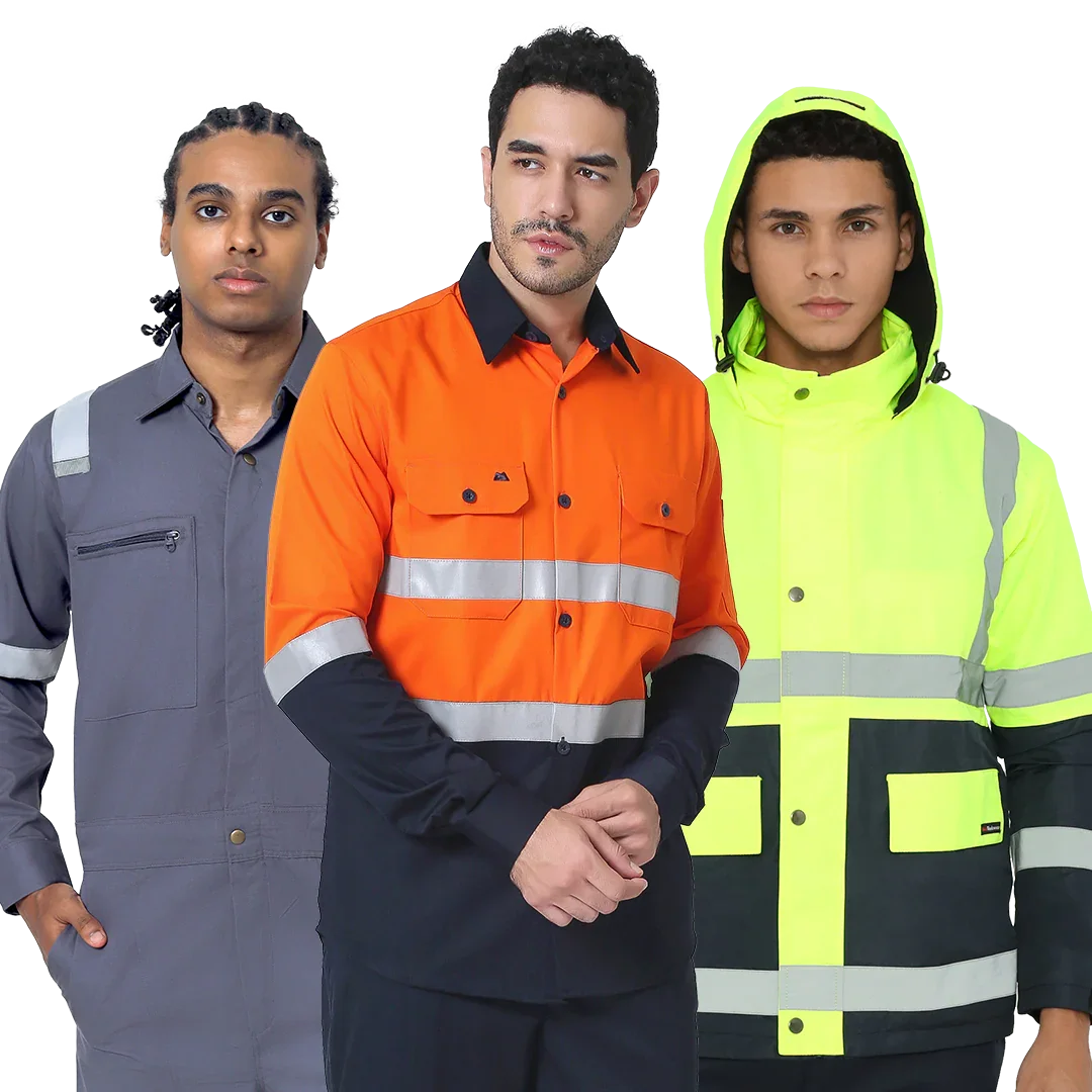 Three men wearing high-visibility workwear: gray coverall, orange safety shirt, neon yellow reflective jacket