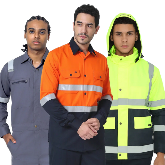 Three men wearing high-visibility workwear: gray coverall, orange safety shirt, neon yellow reflective jacket