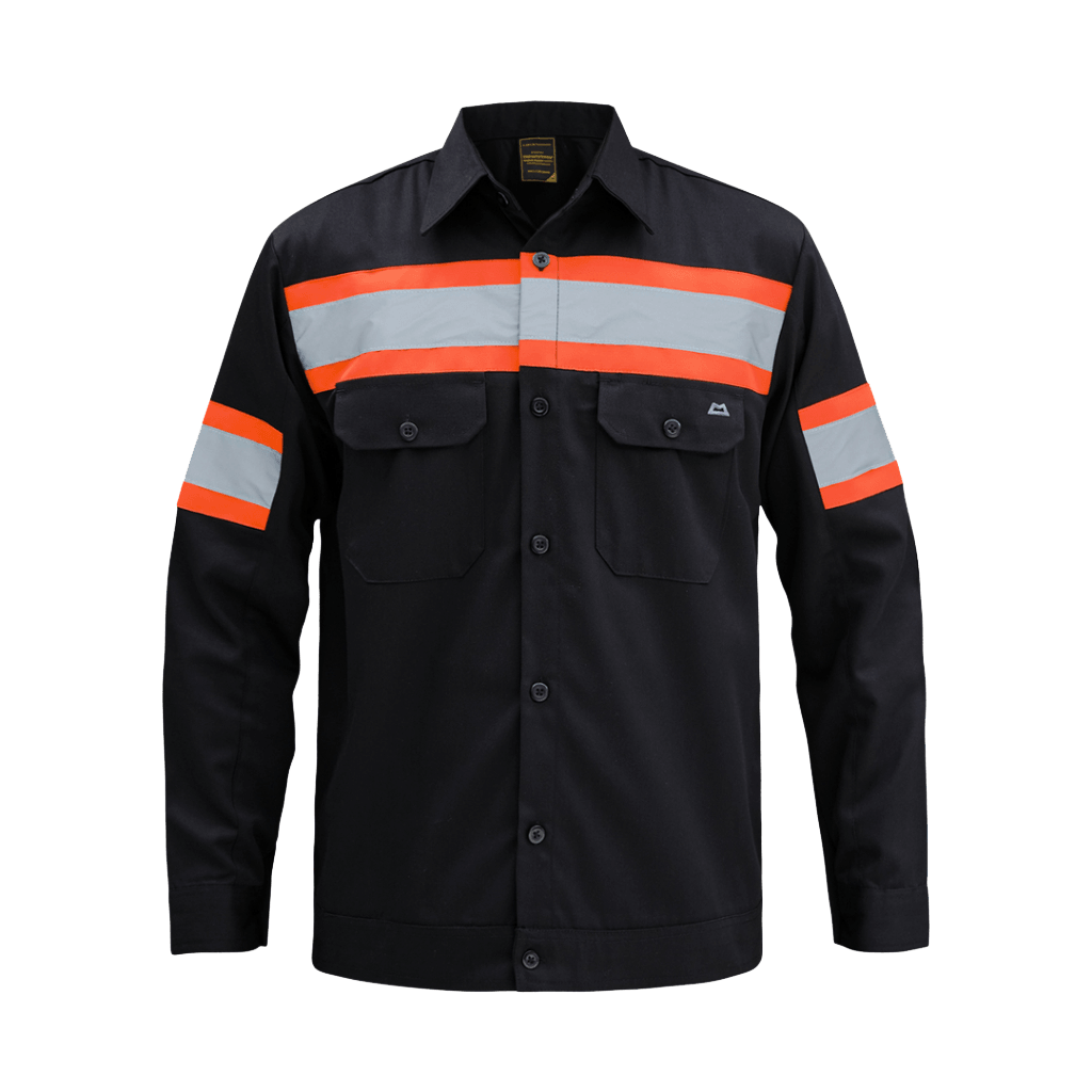 Black work jacket with orange and gray reflective stripes across chest and sleeves, front pockets, button closure
