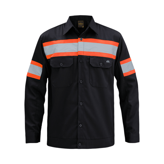 Black work jacket with orange and gray reflective stripes across chest and sleeves, front pockets, button closure