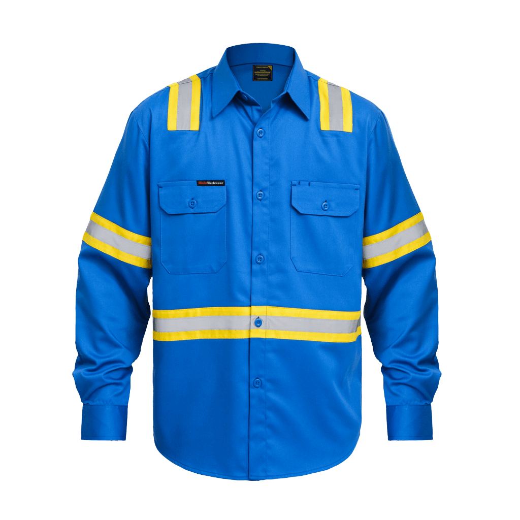 Cobalt blue safety work shirt with long sleeves, yellow and reflective silver stripes, and chest pockets